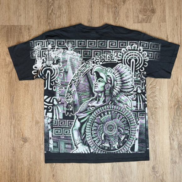Yazbek Aztec Warrior Graphic T-Shirt Black White XXL Mexico All Over Print - Picture 2 of 5